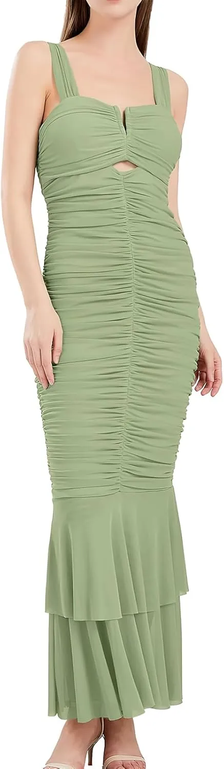 ebossy Women's Sexy Backless Zipper Pleated Ruffles Mermaid Fishtail Evening Party Bodycon Maxi Dress