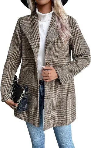 ebossy Women's Winter Warm Wool Blend Coat Classic Lapel Single Breasted Button Up Plaid Slim Fit Mid Long Overcoat