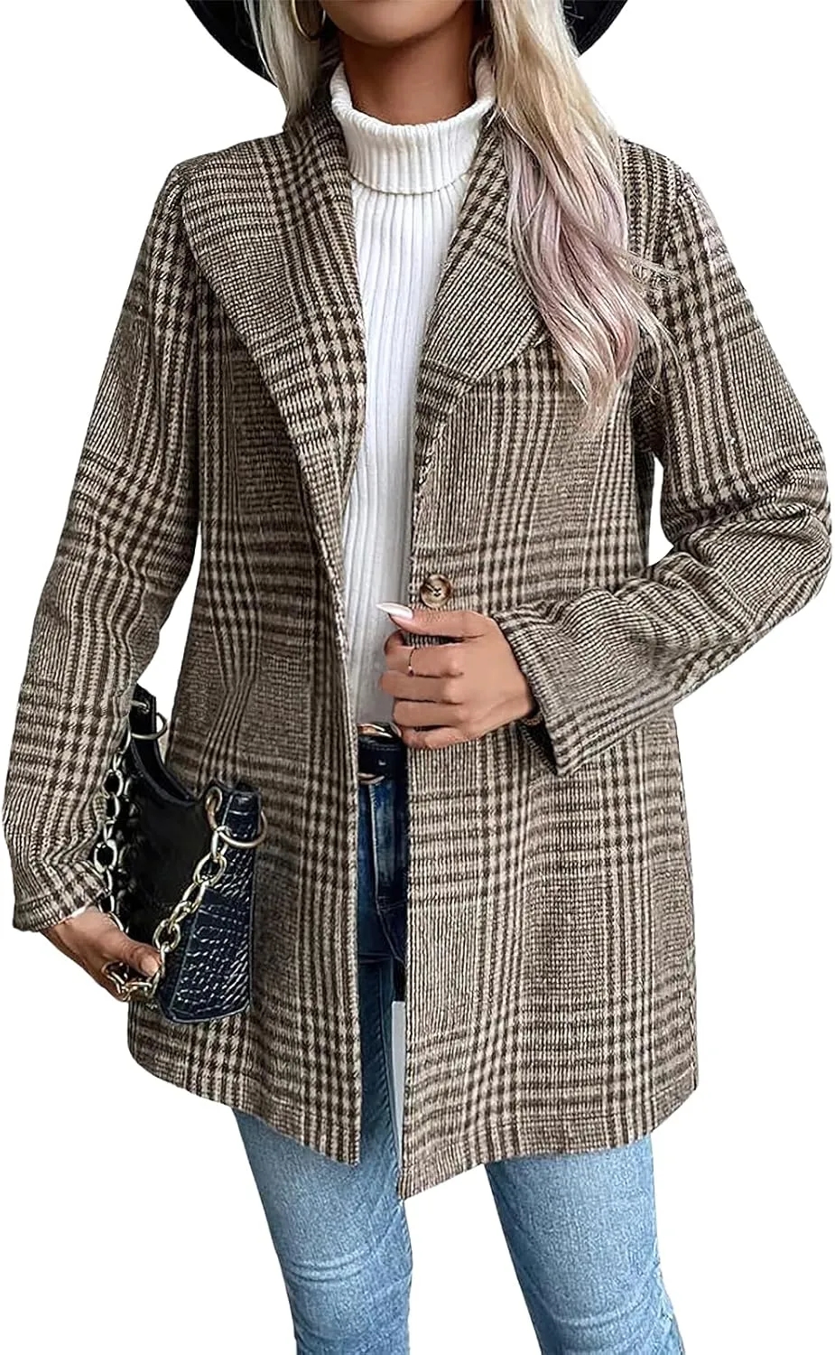 ebossy Women's Winter Warm Wool Blend Coat Classic Lapel Single Breasted Button Up Plaid Slim Fit Mid Long Overcoat