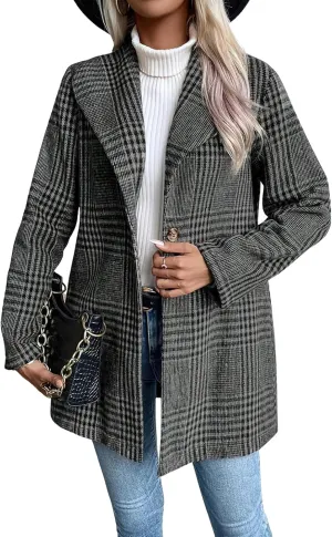 ebossy Women's Winter Warm Wool Blend Coat Classic Lapel Single Breasted Button Up Plaid Slim Fit Mid Long Overcoat
