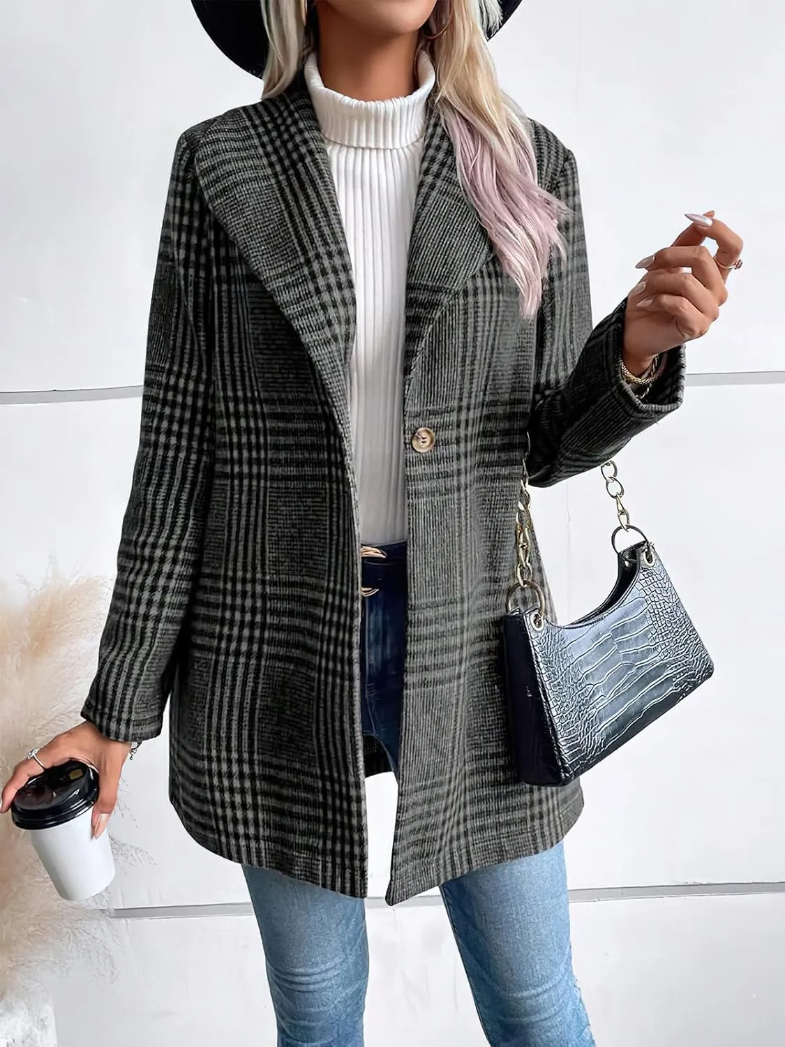 ebossy Women's Winter Warm Wool Blend Coat Classic Lapel Single Breasted Button Up Plaid Slim Fit Mid Long Overcoat