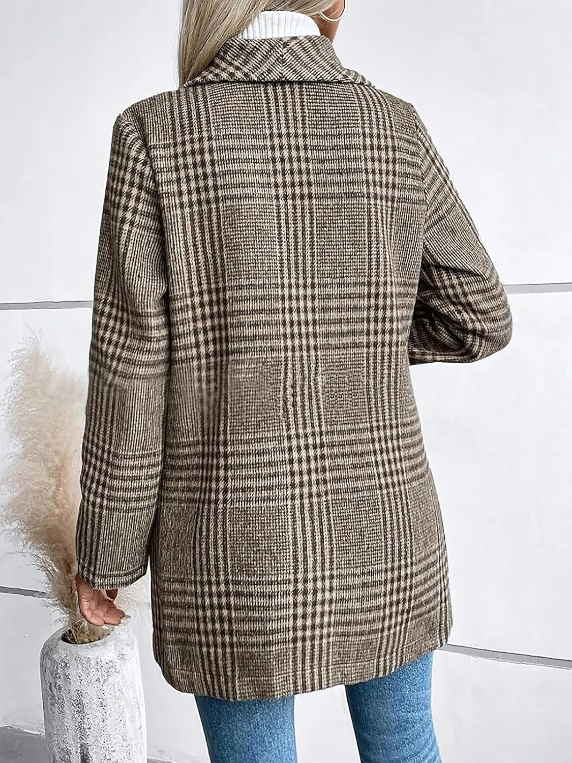ebossy Women's Winter Warm Wool Blend Coat Classic Lapel Single Breasted Button Up Plaid Slim Fit Mid Long Overcoat