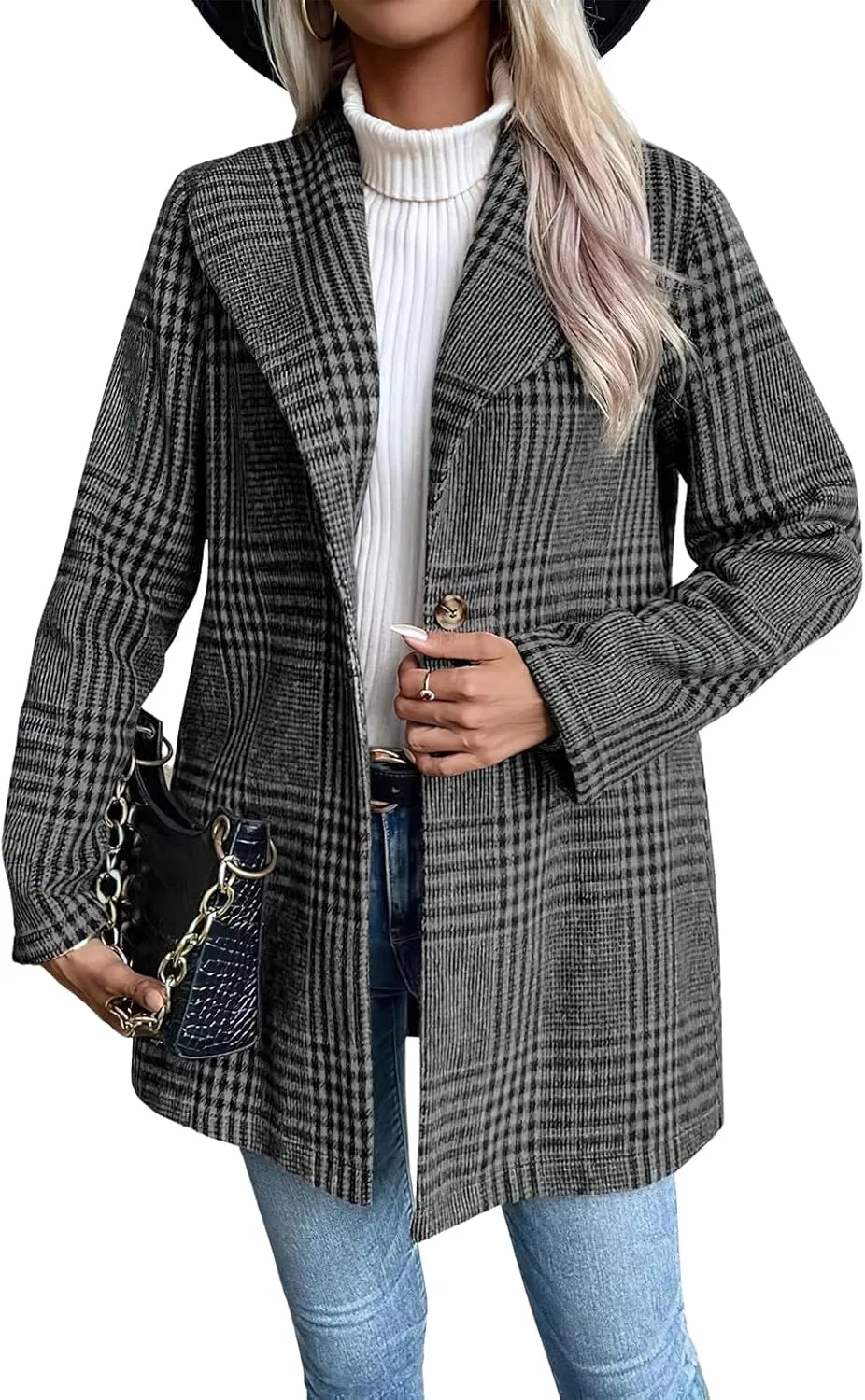 ebossy Women's Winter Warm Wool Blend Coat Classic Lapel Single Breasted Button Up Plaid Slim Fit Mid Long Overcoat