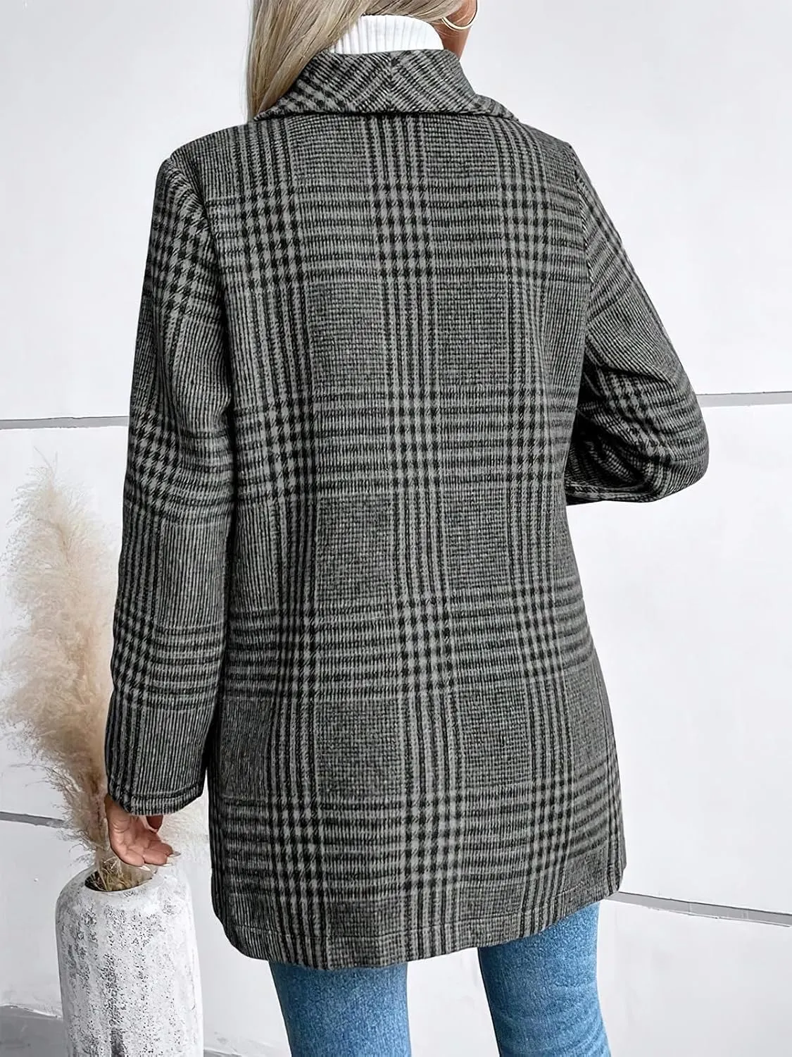 ebossy Women's Winter Warm Wool Blend Coat Classic Lapel Single Breasted Button Up Plaid Slim Fit Mid Long Overcoat