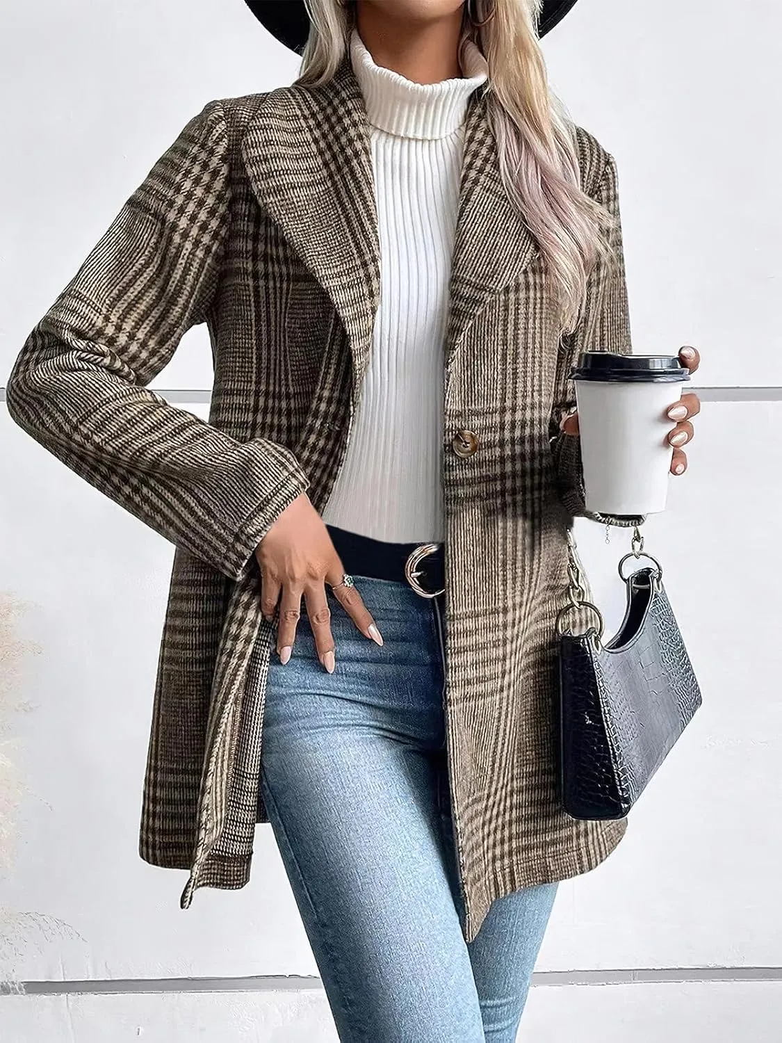ebossy Women's Winter Warm Wool Blend Coat Classic Lapel Single Breasted Button Up Plaid Slim Fit Mid Long Overcoat