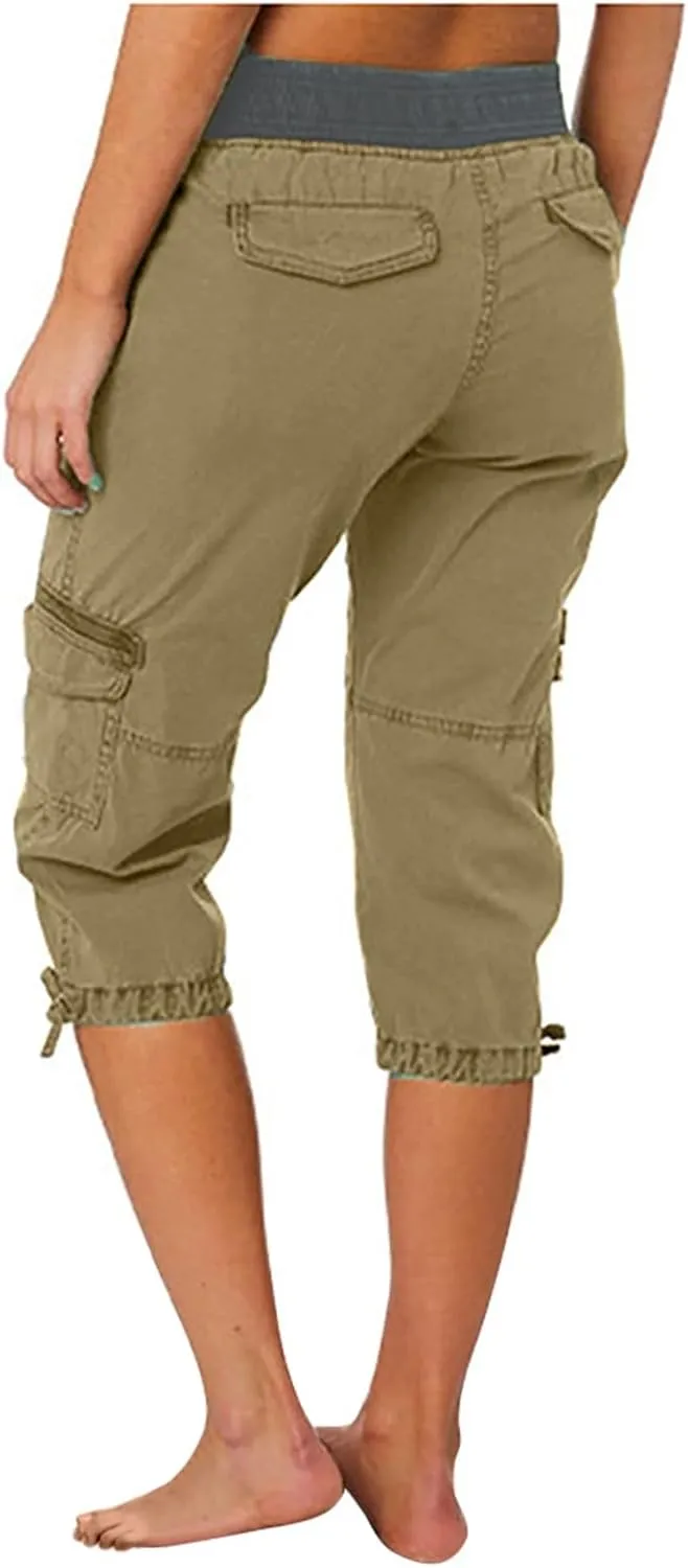 Elastic Waist Cargo Shorts for Women Summer Fashion Casual Travel Cropped Trousers Hiking Relaxed Multi-Pocket Shorts