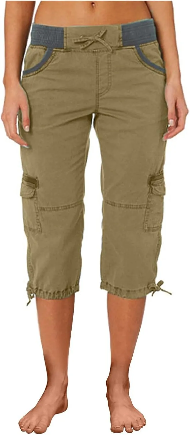 Elastic Waist Cargo Shorts for Women Summer Fashion Casual Travel Cropped Trousers Hiking Relaxed Multi-Pocket Shorts