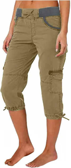 Elastic Waist Cargo Shorts for Women Summer Fashion Casual Travel Cropped Trousers Hiking Relaxed Multi-Pocket Shorts