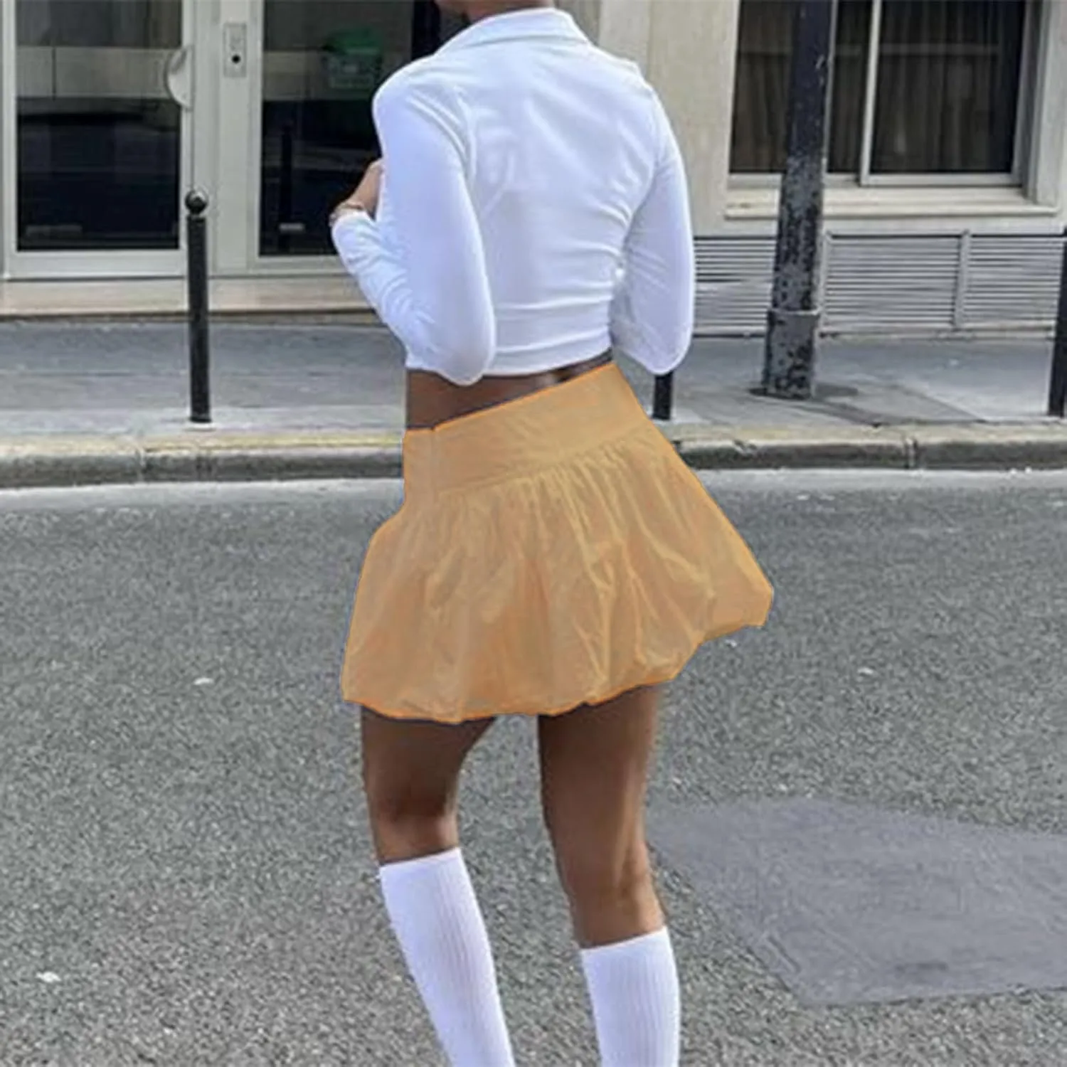 Engofs Women Y2k Bubble Ruffle Skirt Mini Hem Pleated Puffy Short Skirts Streetwear