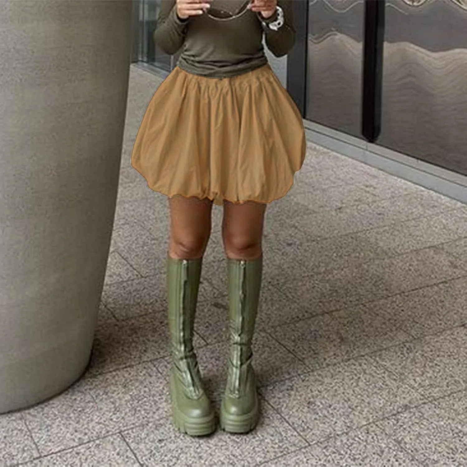 Engofs Women Y2k Bubble Ruffle Skirt Mini Hem Pleated Puffy Short Skirts Streetwear