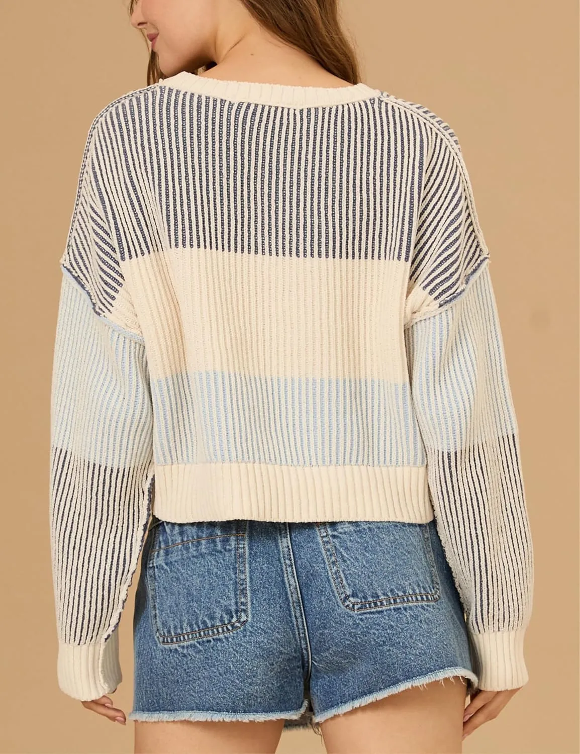 Esmeling Women’s Loose Striped Pullover Sweater Long Sleeve Crew Neck Color Block Knit Tops