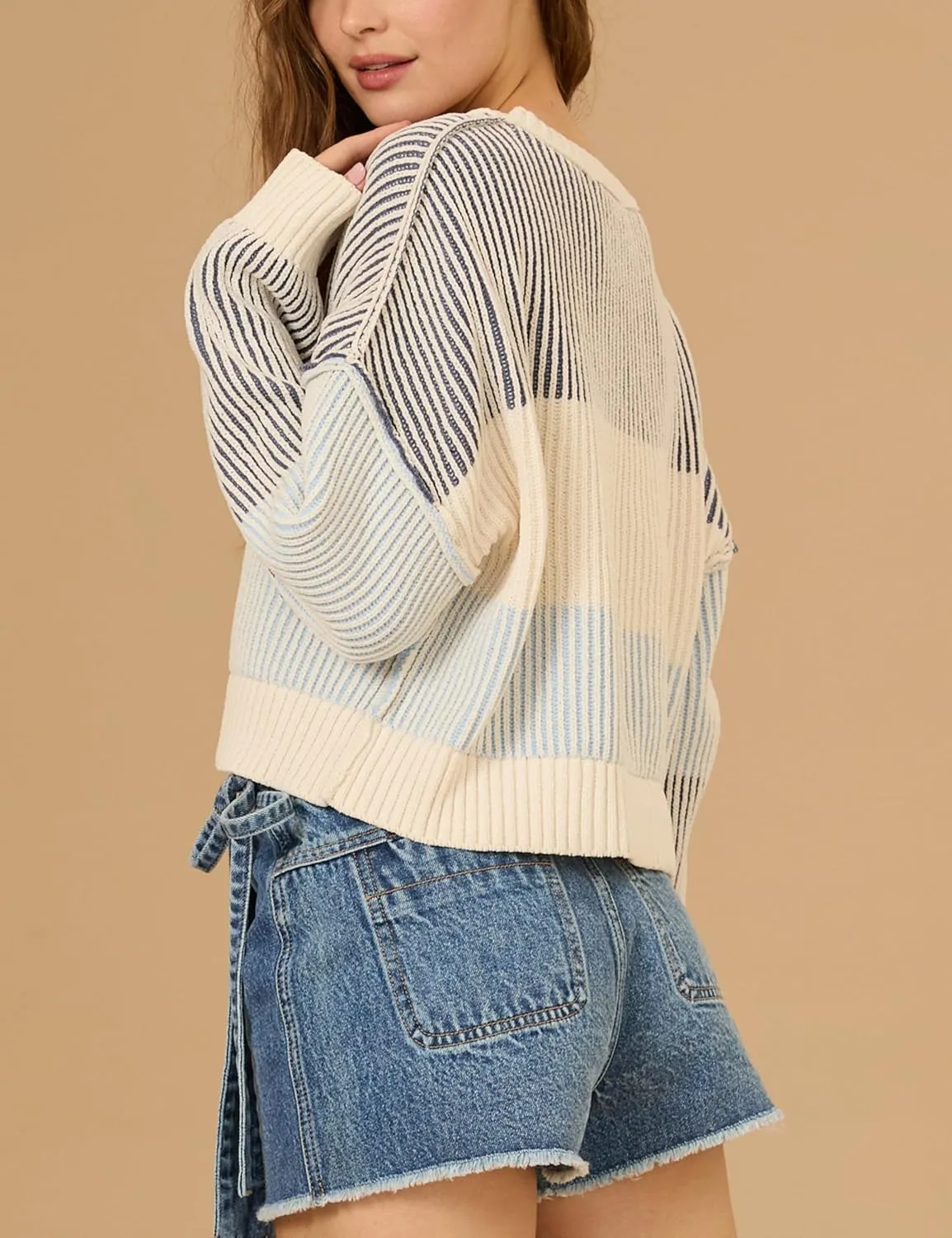 Esmeling Women’s Loose Striped Pullover Sweater Long Sleeve Crew Neck Color Block Knit Tops