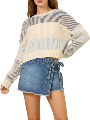Esmeling Women’s Loose Striped Pullover Sweater Long Sleeve Crew Neck Color Block Knit Tops