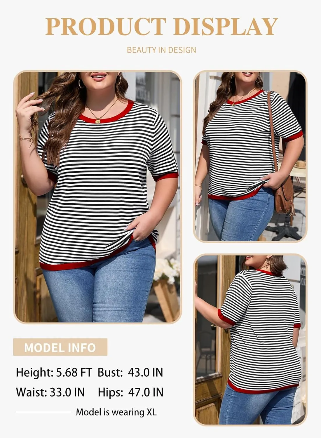 Eytino Womens Plus Size Sweaters Crewneck Short Sleeve Striped Color Block Casual High Low Knitted Tops(1X-5X)