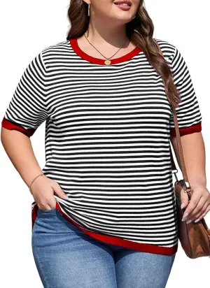 Eytino Womens Plus Size Sweaters Crewneck Short Sleeve Striped Color Block Casual High Low Knitted Tops(1X-5X)