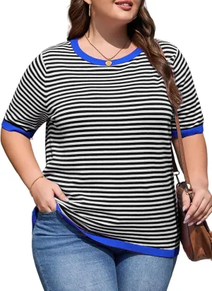 Eytino Womens Plus Size Sweaters Crewneck Short Sleeve Striped Color Block Casual High Low Knitted Tops(1X-5X)