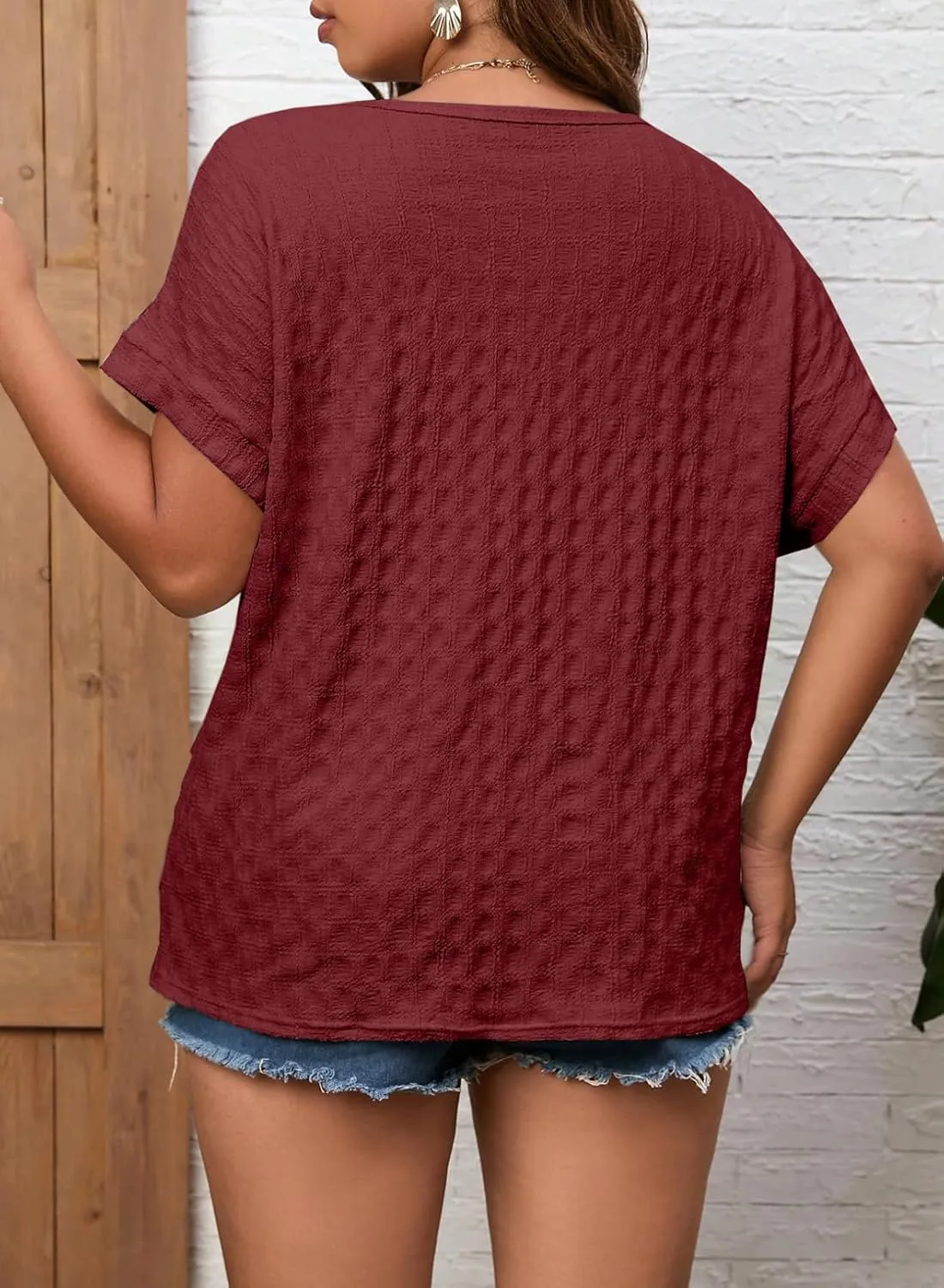 Eytino Womens Plus Size Tops Summer Casual Cap Short Sleeve Basic Textured Solid Color Round Neck T Shirts(1X-5X)