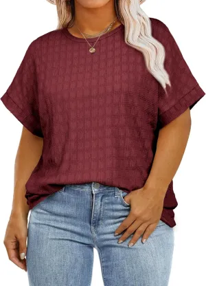 Eytino Womens Plus Size Tops Summer Casual Cap Short Sleeve Basic Textured Solid Color Round Neck T Shirts(1X-5X)