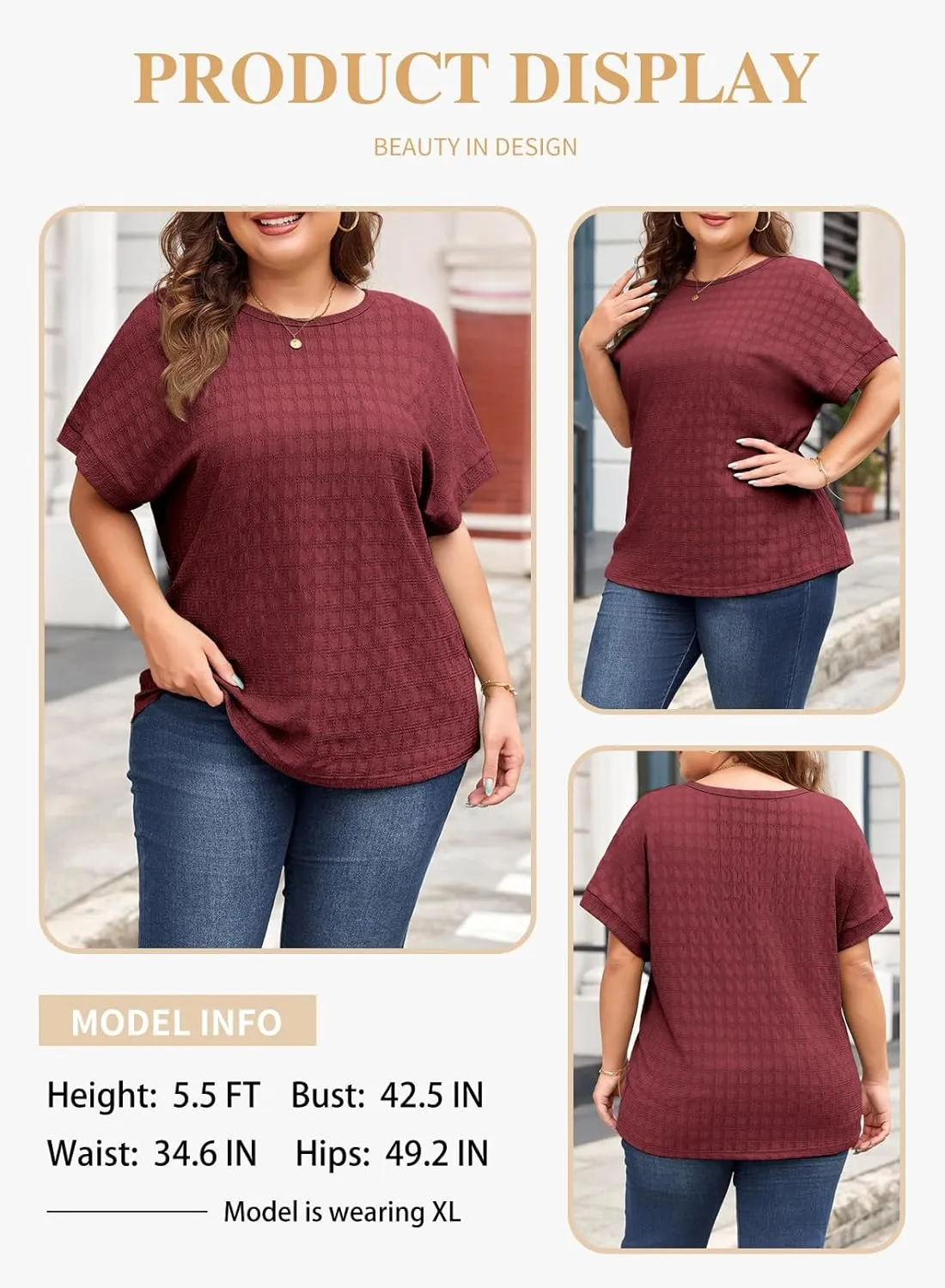Eytino Womens Plus Size Tops Summer Casual Cap Short Sleeve Basic Textured Solid Color Round Neck T Shirts(1X-5X)