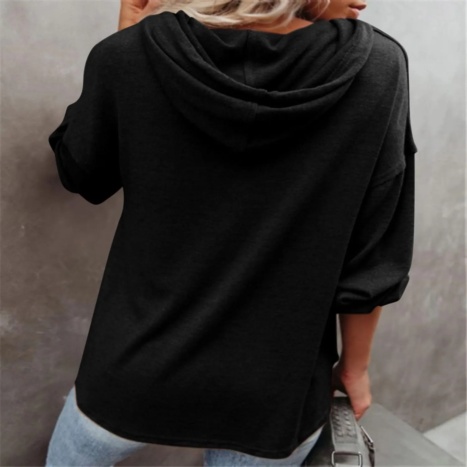 Fall Hoodies for Women Drawstring Button V Neck Long Sleeve Casual Pullover Sweatshirt Ribbed Cuff Hooded Shirts