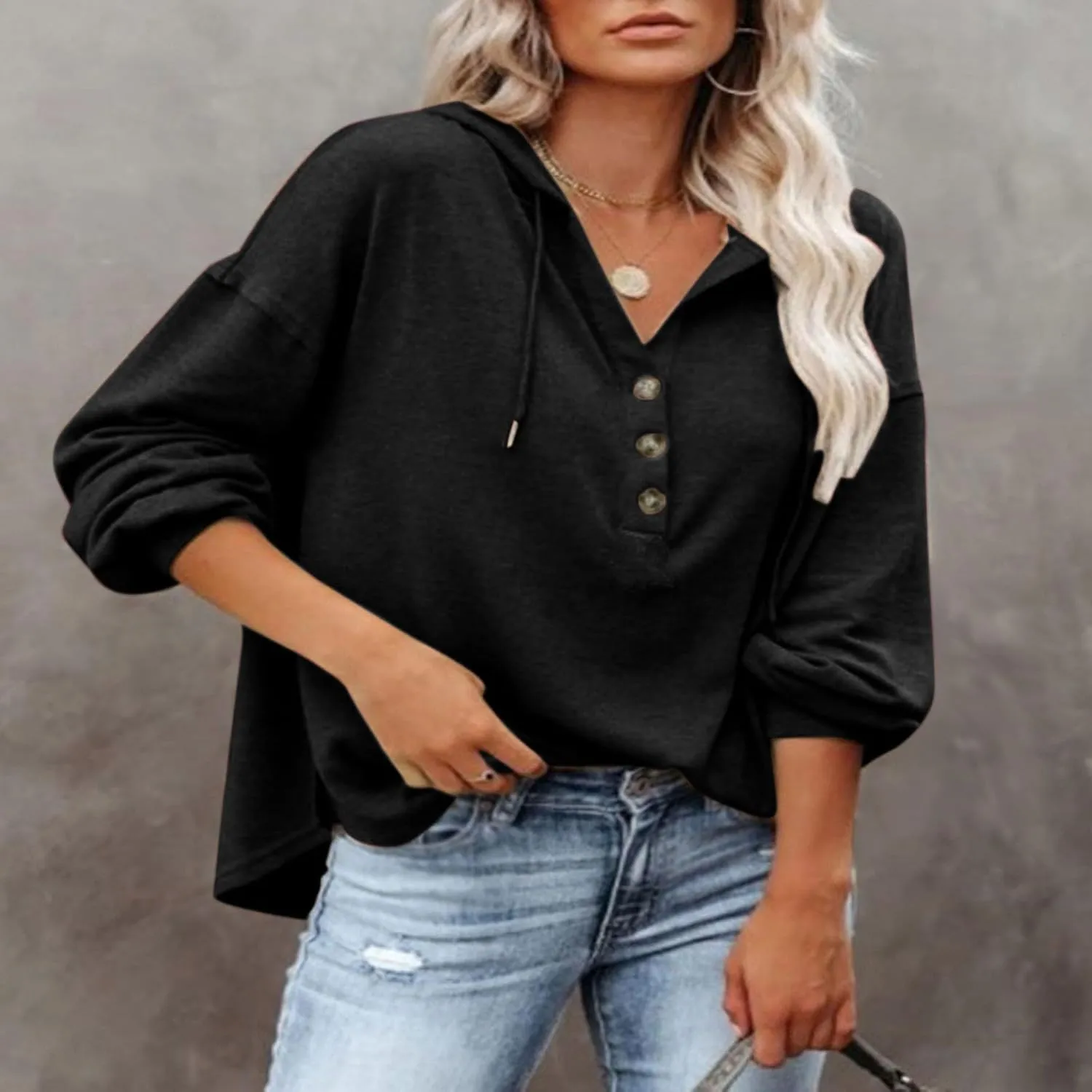 Fall Hoodies for Women Drawstring Button V Neck Long Sleeve Casual Pullover Sweatshirt Ribbed Cuff Hooded Shirts