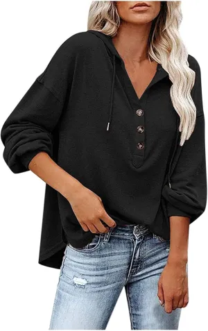Fall Hoodies for Women Drawstring Button V Neck Long Sleeve Casual Pullover Sweatshirt Ribbed Cuff Hooded Shirts