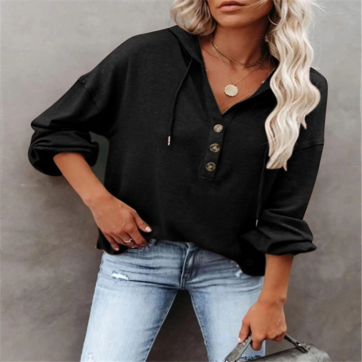 Fall Hoodies for Women Drawstring Button V Neck Long Sleeve Casual Pullover Sweatshirt Ribbed Cuff Hooded Shirts