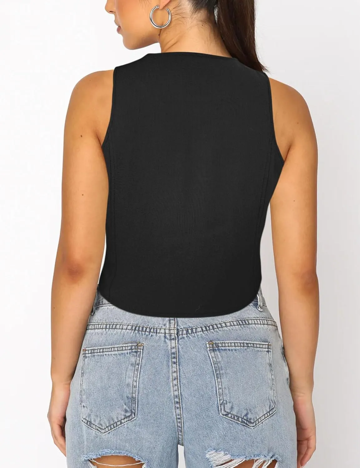 Fallorchid Women's Business Button Up Sleeveless Vest Crop Tops V Neck Jacket Waistcoat