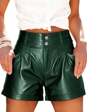 Fallorchid Women's Faux Leather High Waist Shorts Pleated Wide Leg Pants Shorts with Pockets