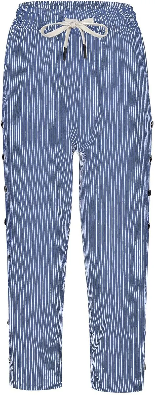 fanmpghleoo Pinstripe Pants Women Cropped Drawstring Striped Linen Pants Women Summer Casual Loose Linen Capris with Pockets