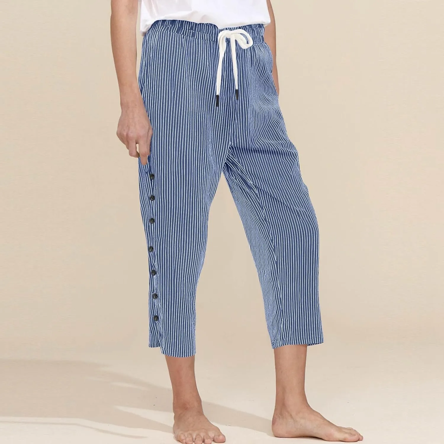 fanmpghleoo Pinstripe Pants Women Cropped Drawstring Striped Linen Pants Women Summer Casual Loose Linen Capris with Pockets