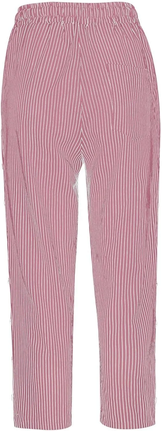 fanmpghleoo Pinstripe Pants Women Cropped Drawstring Striped Linen Pants Women Summer Casual Loose Linen Capris with Pockets