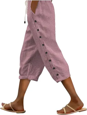 fanmpghleoo Pinstripe Pants Women Cropped Drawstring Striped Linen Pants Women Summer Casual Loose Linen Capris with Pockets