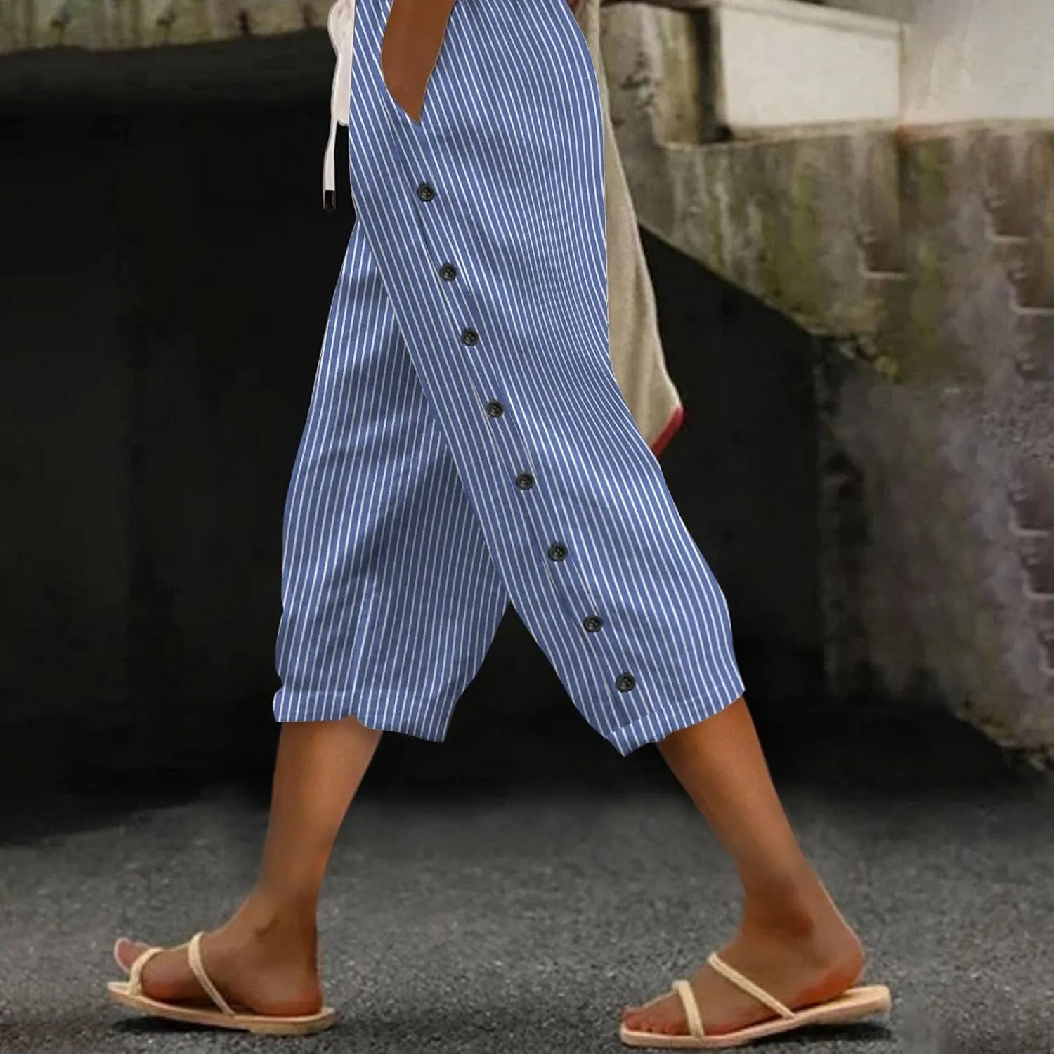 fanmpghleoo Pinstripe Pants Women Cropped Drawstring Striped Linen Pants Women Summer Casual Loose Linen Capris with Pockets