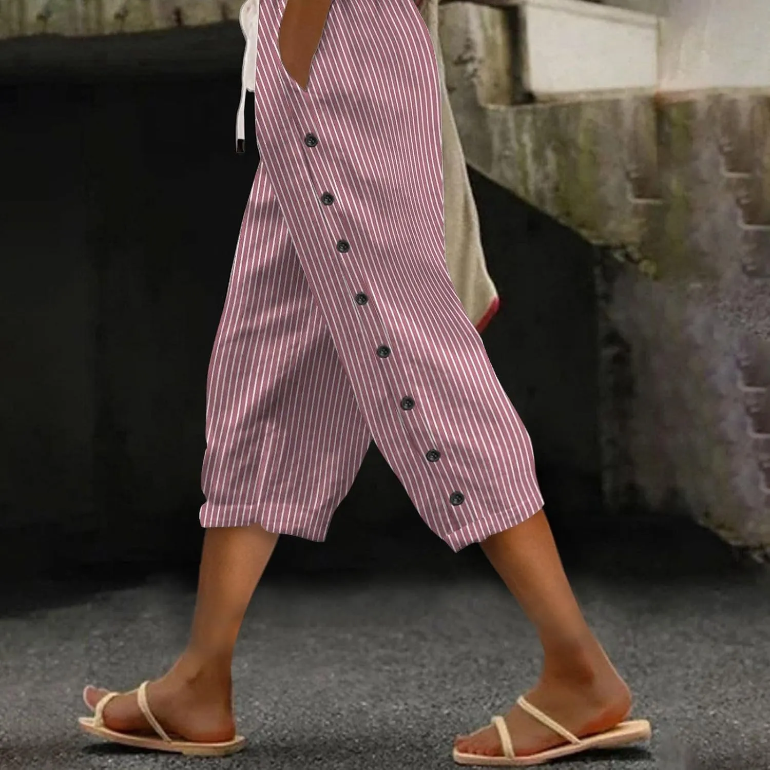 fanmpghleoo Pinstripe Pants Women Cropped Drawstring Striped Linen Pants Women Summer Casual Loose Linen Capris with Pockets