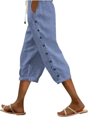 fanmpghleoo Pinstripe Pants Women Cropped Drawstring Striped Linen Pants Women Summer Casual Loose Linen Capris with Pockets