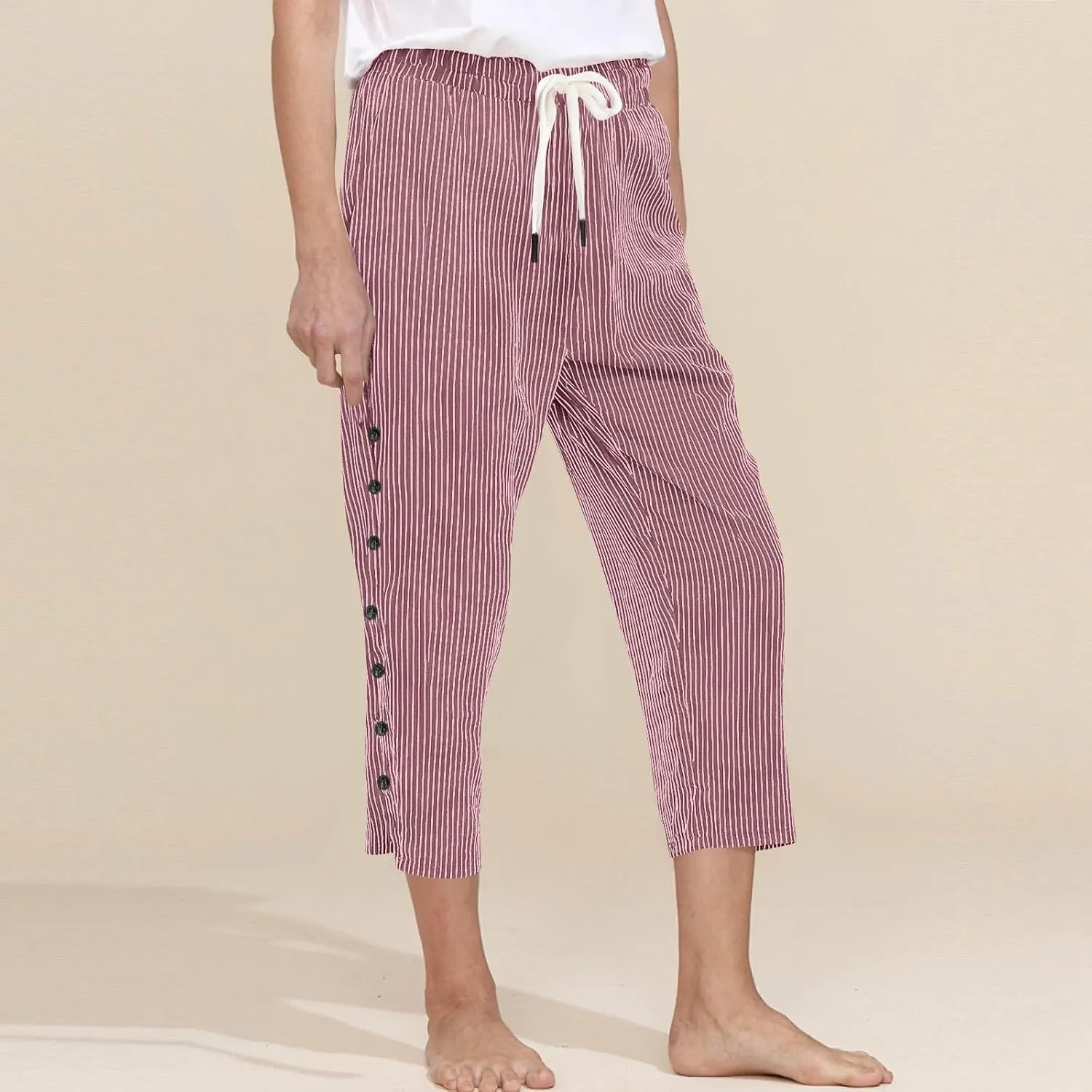 fanmpghleoo Pinstripe Pants Women Cropped Drawstring Striped Linen Pants Women Summer Casual Loose Linen Capris with Pockets
