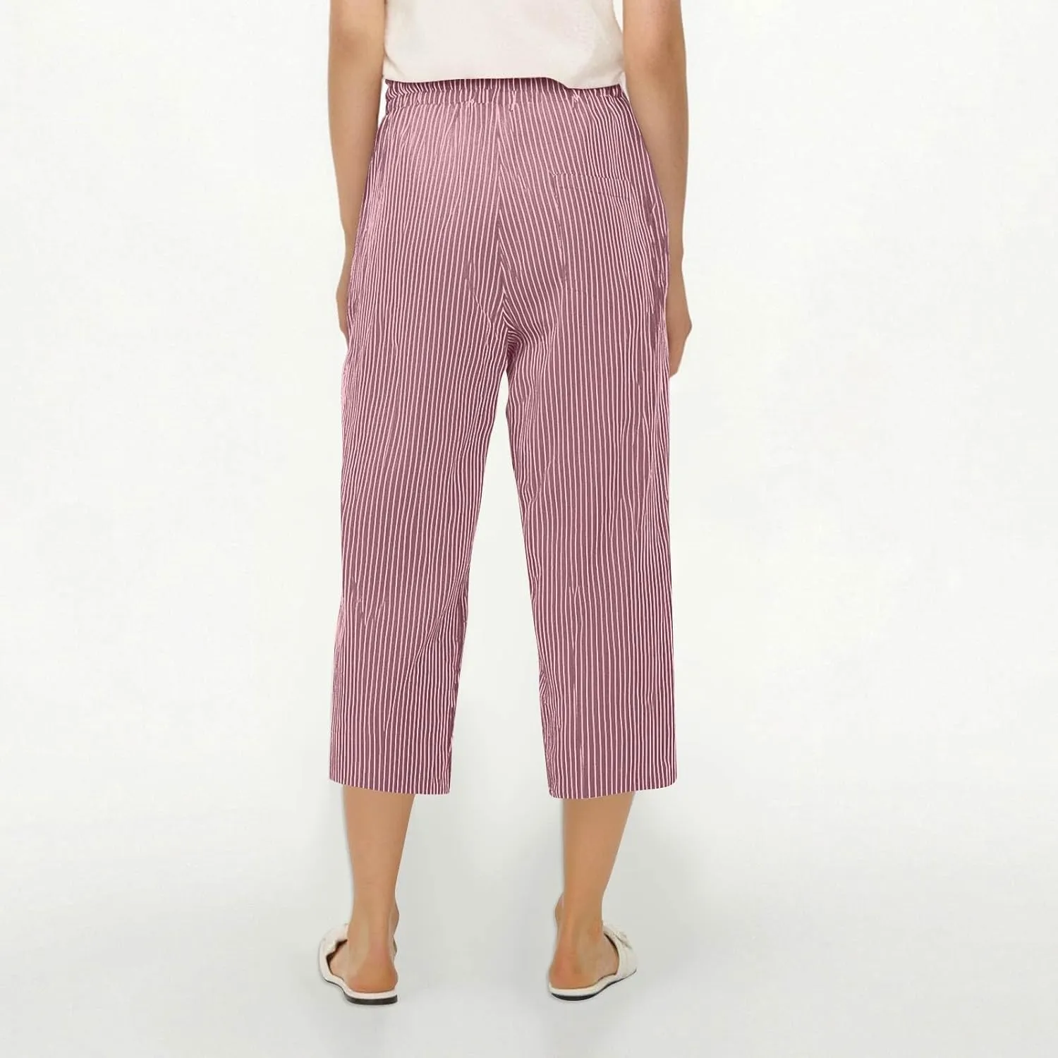 fanmpghleoo Pinstripe Pants Women Cropped Drawstring Striped Linen Pants Women Summer Casual Loose Linen Capris with Pockets