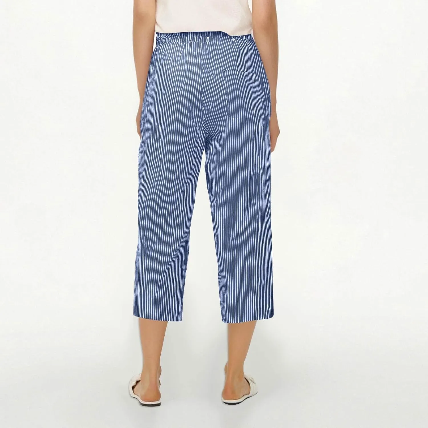 fanmpghleoo Pinstripe Pants Women Cropped Drawstring Striped Linen Pants Women Summer Casual Loose Linen Capris with Pockets