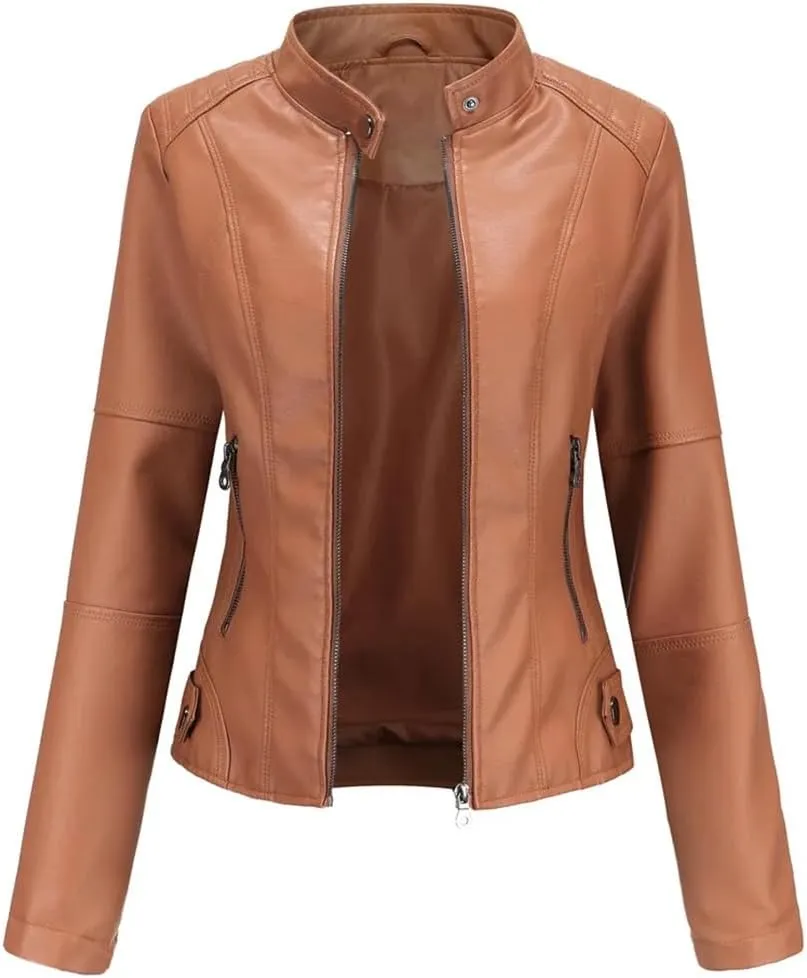 Faux Leather Jacket Women Autumn Spring Moto Biker Zipper Jacket Casual O-Neck Jacket