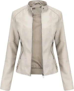 Faux Leather Jacket Women Autumn Spring Moto Biker Zipper Jacket Casual O-Neck Jacket