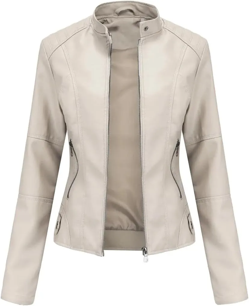 Faux Leather Jacket Women Autumn Spring Moto Biker Zipper Jacket Casual O-Neck Jacket