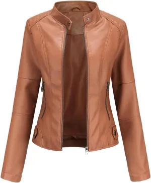 Faux Leather Jacket Women Autumn Spring Moto Biker Zipper Jacket Casual O-Neck Jacket