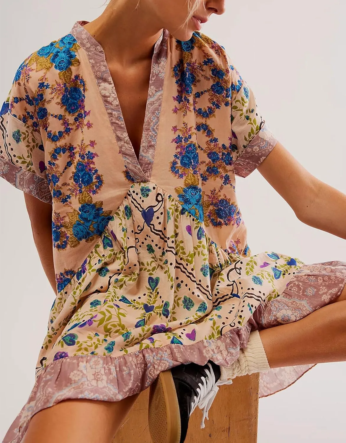 Floral Boho Dresses for Women Casual V Neck Babydoll Dress Summer Swing Ruffle Mini Sundress