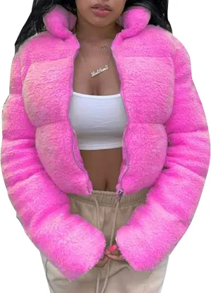 Flygo Shearling Fleece Cropped Puffer Jacket for Women Winter Stand Collar Zip Up Padded Down Coat