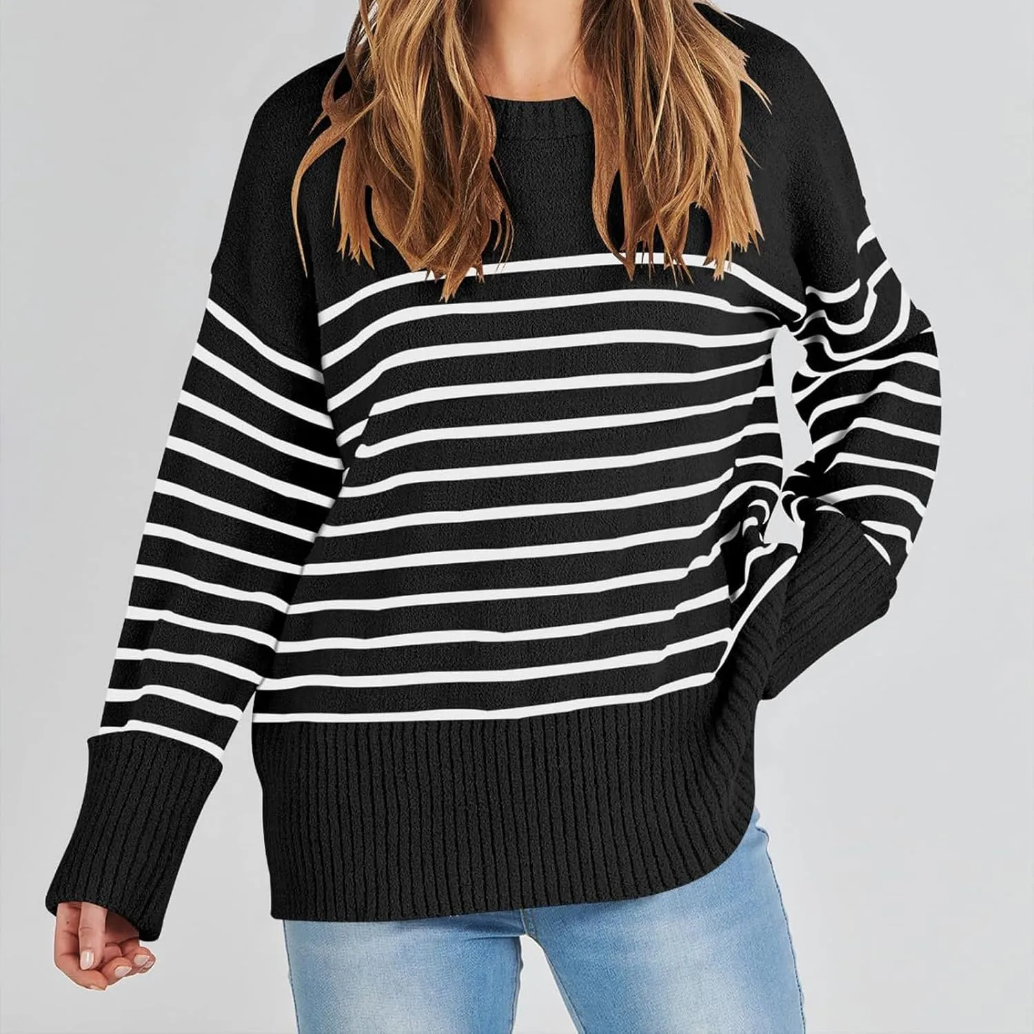 Fuzzy Crewneck Oversized Sweater for Women Long Sleeve Soft Chunky Knitted Pullover Fall Winter Warm Top Clothes
