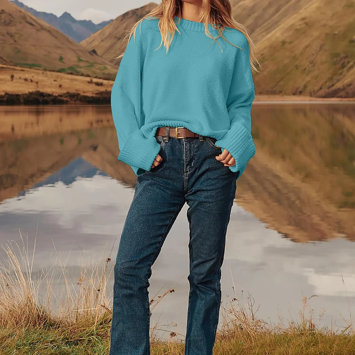 Fuzzy Crewneck Oversized Sweater for Women Long Sleeve Soft Chunky Knitted Pullover Fall Winter Warm Top Clothes