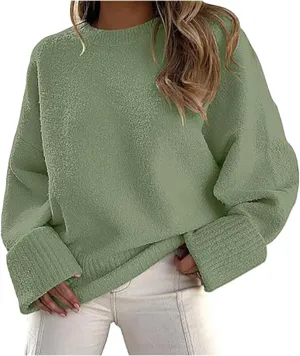 Fuzzy Crewneck Oversized Sweater for Women Long Sleeve Soft Chunky Knitted Pullover Fall Winter Warm Top Clothes