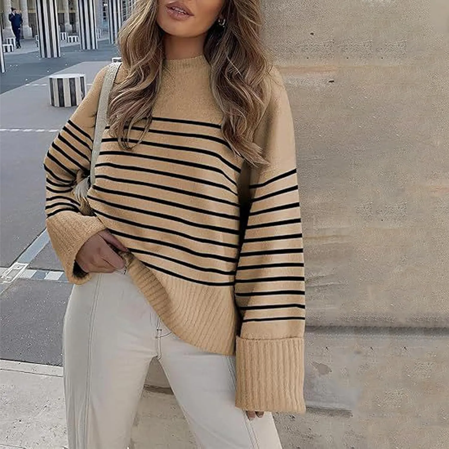 Fuzzy Crewneck Oversized Sweater for Women Long Sleeve Soft Chunky Knitted Pullover Fall Winter Warm Top Clothes
