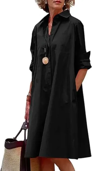 Geleglaer Womens Casual Loose Midi Shirt Dress Spring Summer Long Sleeve V Neck Button Down Dress Tunic Dress with Pockets